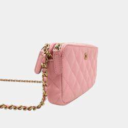 Chanel Pink Leather CC Quilted Double Zip Wallet On Chain