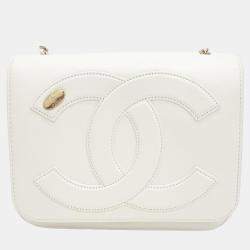 Pre Owned Chanel  White Lambskin Leather CC Shoulder Bag
