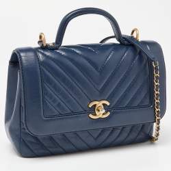 Pre Owned Chanel Blue Chevron Leather Flap Top Handle Bag