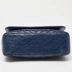 Pre Owned Chanel Blue Chevron Leather Flap Top Handle Bag
