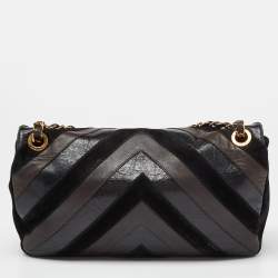 Pre Owned Chanel Black/Brown Chevron Suede and Leather Flap Bag