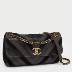 Pre Owned Chanel Black/Brown Chevron Suede and Leather Flap Bag