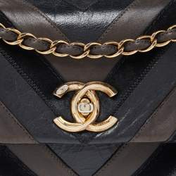 Pre Owned Chanel Black/Brown Chevron Suede and Leather Flap Bag