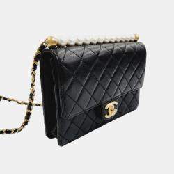 Pre Owned Chanel Black Leather Medium Chic Pearls Flap Bag  