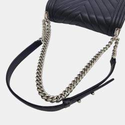 Chanel Navy Blue Lambskin Leather Medium Chevron Boy Shoulder Bag 