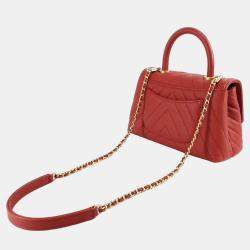 Pre Owned Chanel Red Caviar Leather Small Coco Handle Shoulder Bag 