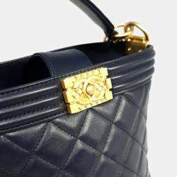 Chanel Navy Blue Leather Quilted Bucket Boy Shoulder Bag 