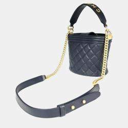 Chanel Navy Blue Leather Quilted Bucket Boy Shoulder Bag 