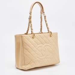 Pre Owned Chanel Beige Quilted Caviar Leather GST Shopper Tote