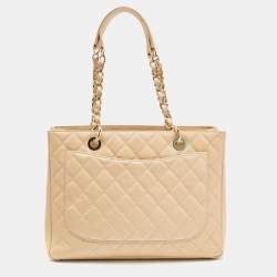 Pre Owned Chanel Beige Quilted Caviar Leather GST Shopper Tote