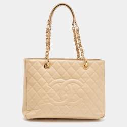 Pre Owned Chanel Beige Quilted Caviar Leather GST Shopper Tote