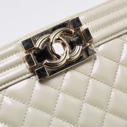 Chanel Pearl White Quilted Patent Leather Medium Boy Flap Bag