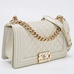 Chanel Pearl White Quilted Patent Leather Medium Boy Flap Bag