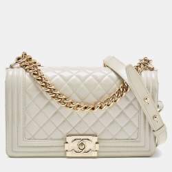 Chanel Pearl White Quilted Patent Leather Medium Boy Flap Bag