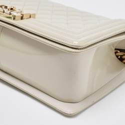 Chanel Pearl White Quilted Patent Leather Medium Boy Flap Bag