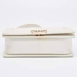 Pre Owned Chanel White Stitch Quilted Leather Medium Boy Flap Bag