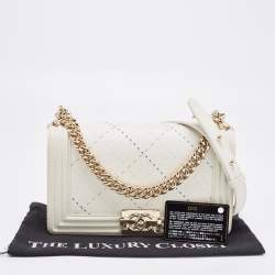 Pre Owned Chanel White Stitch Quilted Leather Medium Boy Flap Bag