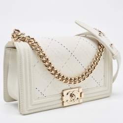 Pre Owned Chanel White Stitch Quilted Leather Medium Boy Flap Bag