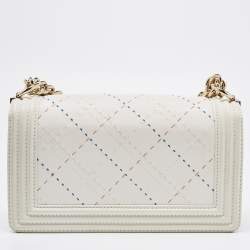Pre Owned Chanel White Stitch Quilted Leather Medium Boy Flap Bag