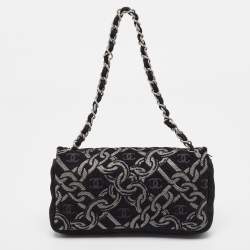 Pre Owned Chanel Black/Silver Printed Tweed CC Chainlink Flap Bag
