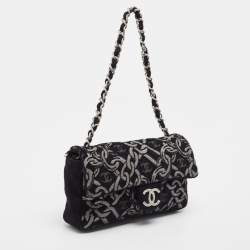 Pre Owned Chanel Black/Silver Printed Tweed CC Chainlink Flap Bag