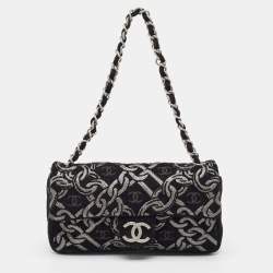 Pre Owned Chanel Black/Silver Printed Tweed CC Chainlink Flap Bag