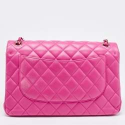 Pre Owned Chanel Fuchsia Quilted Lambskin Leather Jumbo Classic Double Flap Bag