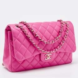 Pre Owned Chanel Fuchsia Quilted Lambskin Leather Jumbo Classic Double Flap Bag