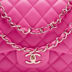 Pre Owned Chanel Fuchsia Quilted Lambskin Leather Jumbo Classic Double Flap Bag