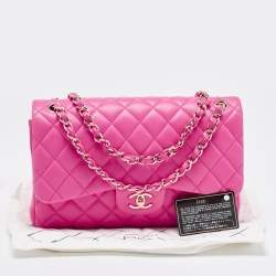 Pre Owned Chanel Fuchsia Quilted Lambskin Leather Jumbo Classic Double Flap Bag