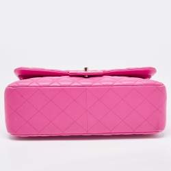 Pre Owned Chanel Fuchsia Quilted Lambskin Leather Jumbo Classic Double Flap Bag