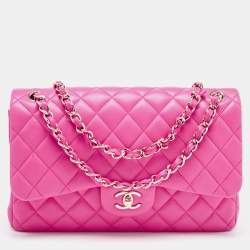 Pre Owned Chanel Fuchsia Quilted Lambskin Leather Jumbo Classic Double Flap Bag