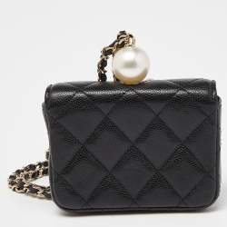 Chanel Black Caviar Leather CC Pearl Flap Chain Coin Purse 