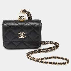Chanel Black Caviar Leather CC Pearl Flap Chain Coin Purse 
