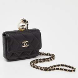 Chanel Black Caviar Leather CC Pearl Flap Chain Coin Purse 