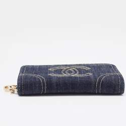 Pre Owned Chanel Navy Blue/Gold Denim CC Zip Around Wallet
