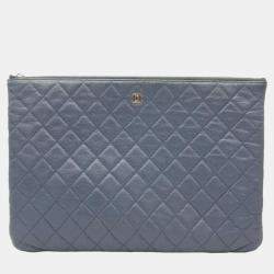 Pre Owned Chanel Blue/Grey Caviar Clutch Large