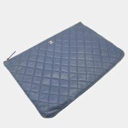 Pre Owned Chanel Blue/Grey Caviar Clutch Large
