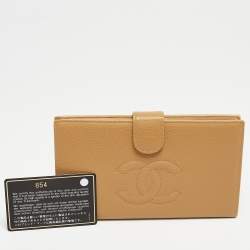 Pre Owned Chanel Beige CC Caviar Leather CC Timeless French Wallet  