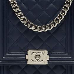 Pre Owned Chanel Blue Quilted Leather North South Boy Shoulder Bag