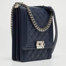 Pre Owned Chanel Blue Quilted Leather North South Boy Shoulder Bag