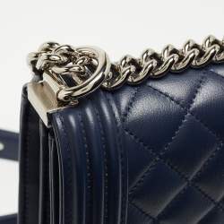 Pre Owned Chanel Blue Quilted Leather North South Boy Shoulder Bag