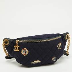 Pre Owned Chanel Navy Blue/Black Quilted Wool and Leather Paris Hamburg Charm Belt Bag