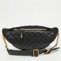 Pre Owned Chanel Navy Blue/Black Quilted Wool and Leather Paris Hamburg Charm Belt Bag