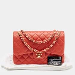 Pre Owned Chanel Orange Quilted Pearly Caviar Leather Jumbo Classic Double Flap Bag