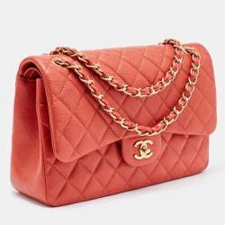 Pre Owned Chanel Orange Quilted Pearly Caviar Leather Jumbo Classic Double Flap Bag