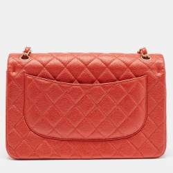Pre Owned Chanel Orange Quilted Pearly Caviar Leather Jumbo Classic Double Flap Bag