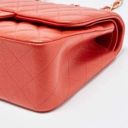 Pre Owned Chanel Orange Quilted Pearly Caviar Leather Jumbo Classic Double Flap Bag
