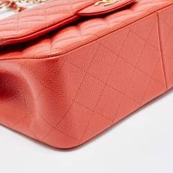 Pre Owned Chanel Orange Quilted Pearly Caviar Leather Jumbo Classic Double Flap Bag