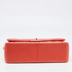 Pre Owned Chanel Orange Quilted Pearly Caviar Leather Jumbo Classic Double Flap Bag